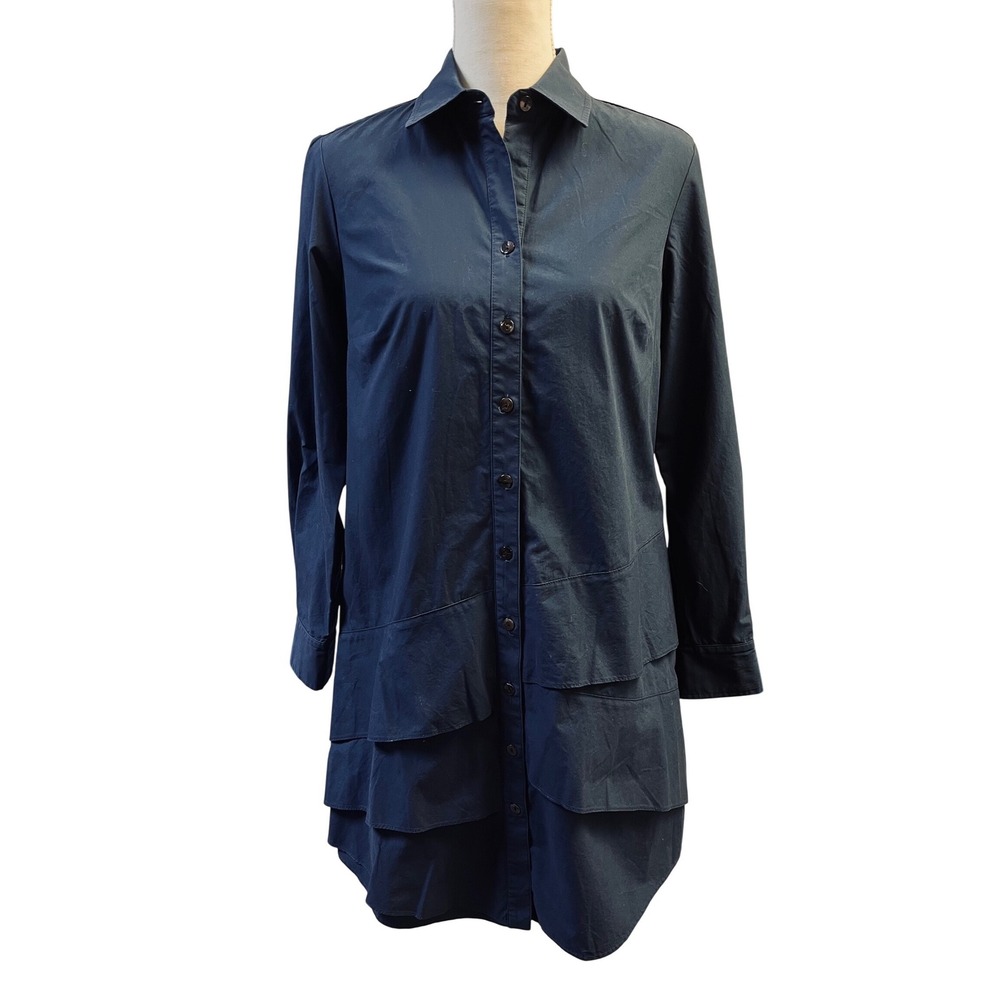Finley Jenna Shirt Dress S Navy Ruffle Tiered Cotton Poplin Preppy Modern Work